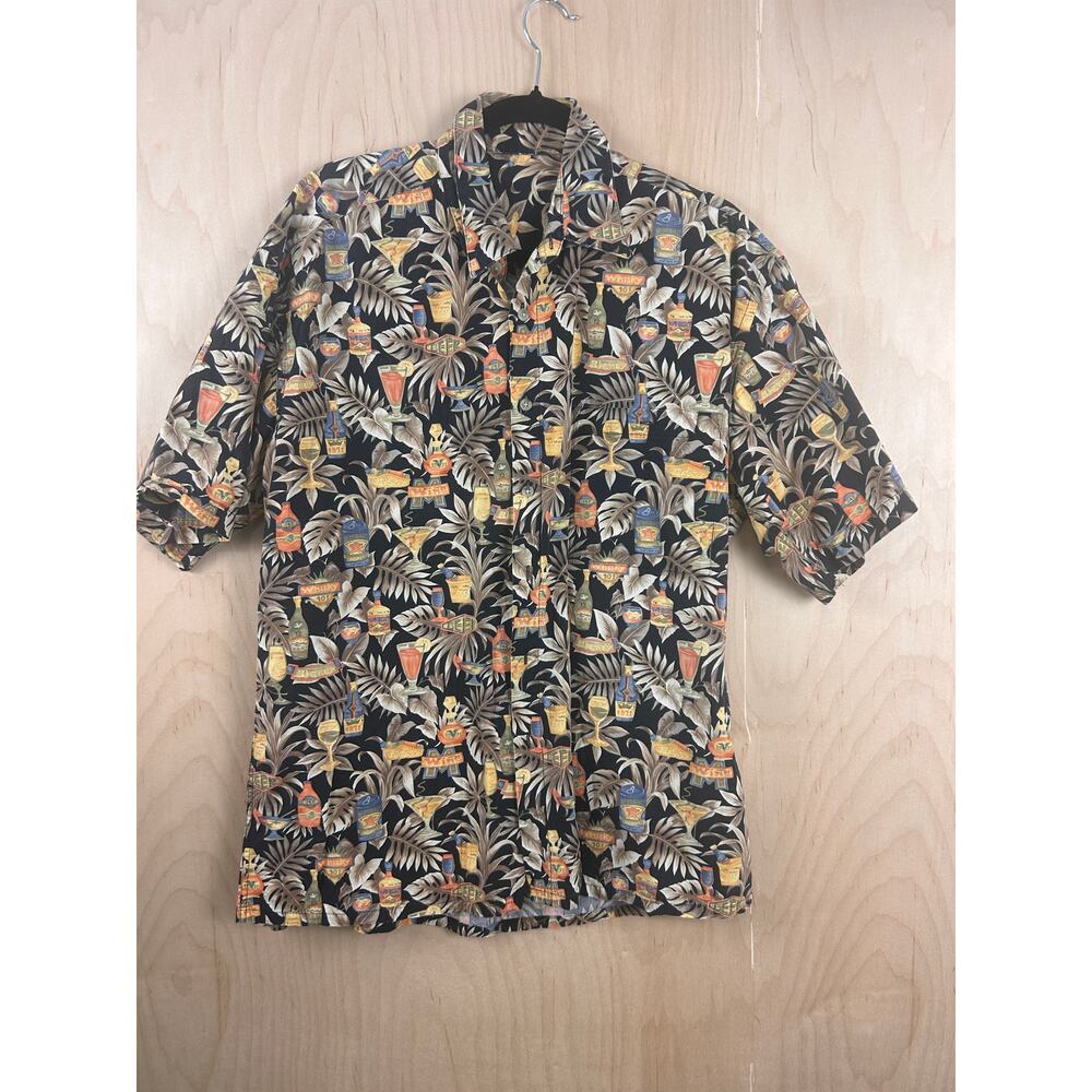 Mens Large Hawaiian Shirt Black Cocktail Tropical Print Button Up Beer Martini